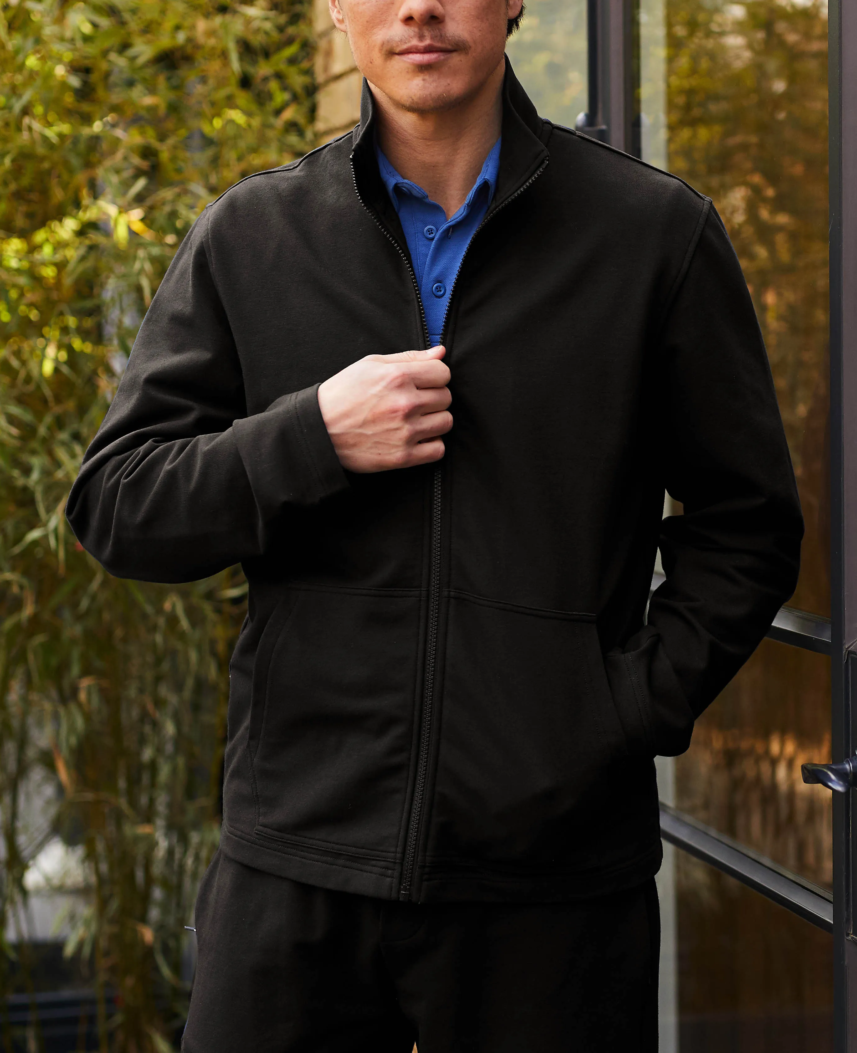 Black Stretch Cotton Blend Zip-Up Sweatshirt