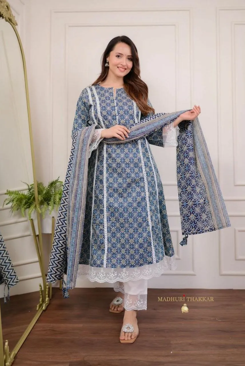 Blue Pakisthani A-Line Cotton Anarkali Suit Set