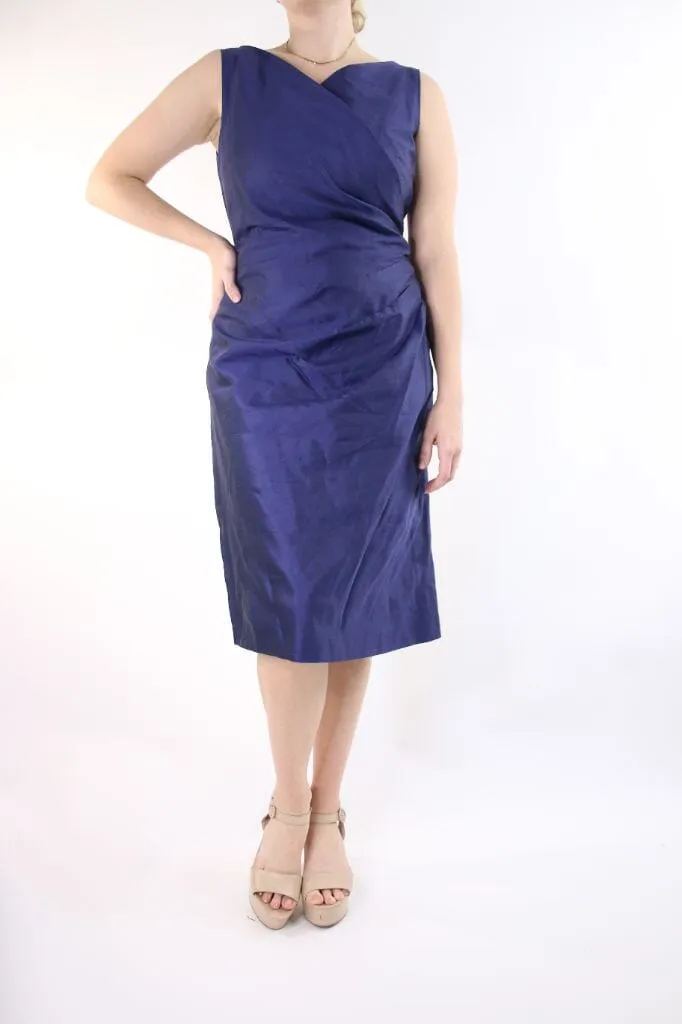 Blue sleeveless V-neck pleated dress - size UK 14