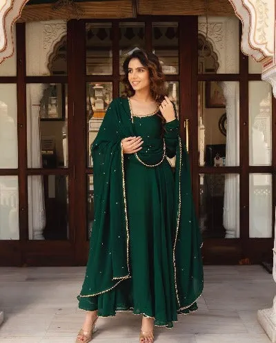 Bottle Green Georgette Anarkali Gown With Dupatta