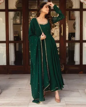 Bottle Green Georgette Anarkali Gown With Dupatta