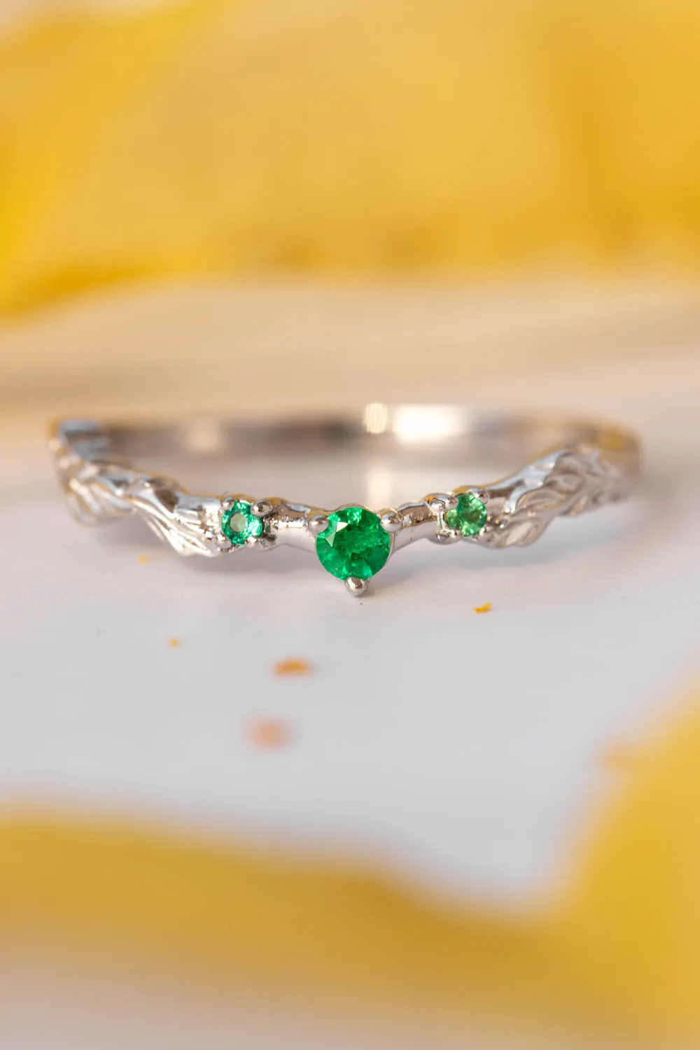 Branch wedding ring with emeralds / matching band for Japanese Maple