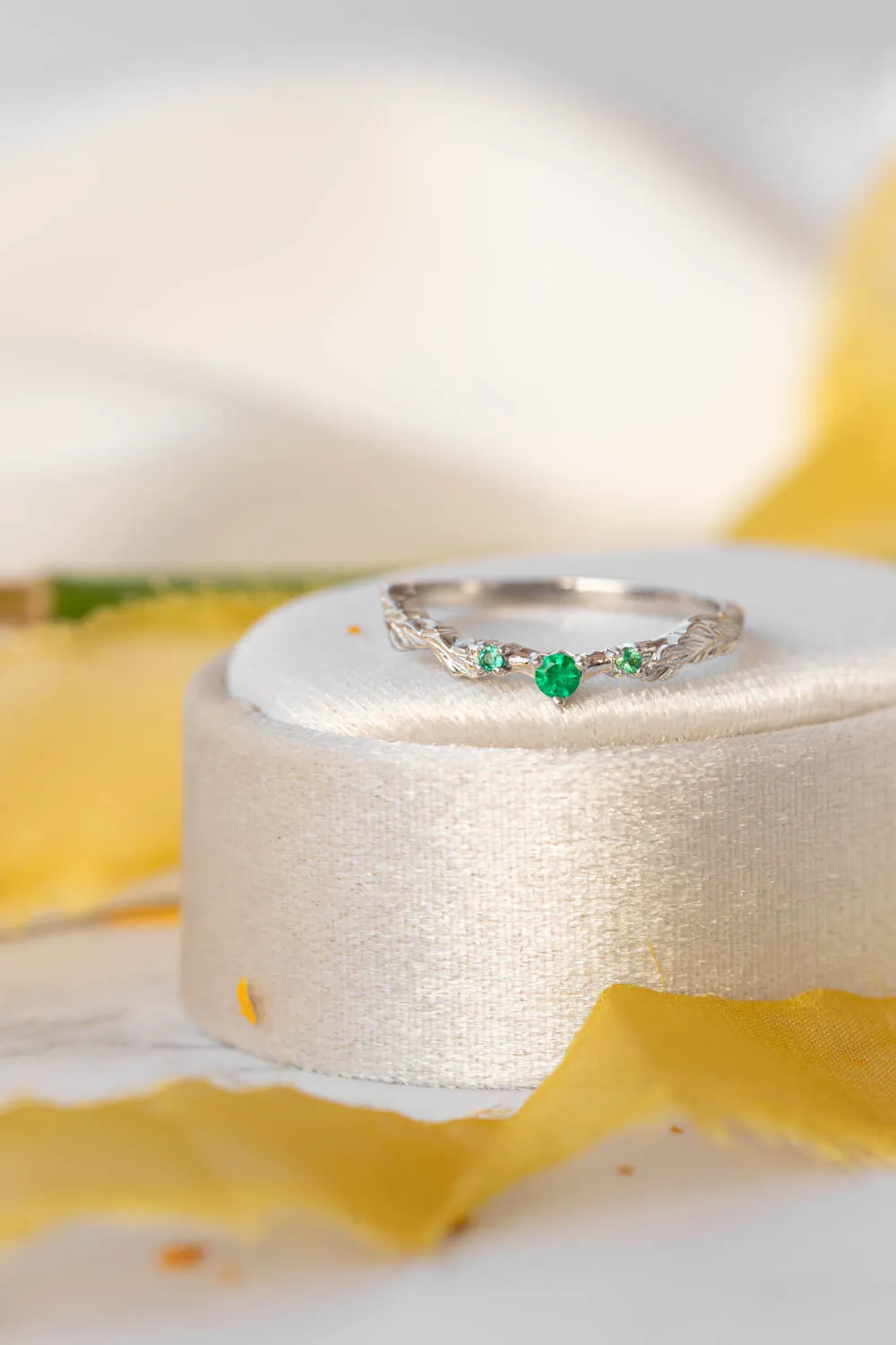 Branch wedding ring with emeralds / matching band for Japanese Maple