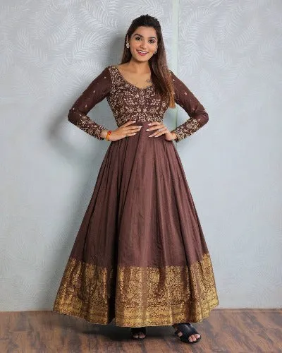 Brown Silk Embroidered Flair Gown