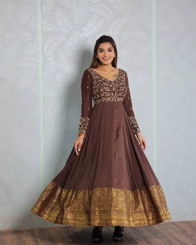 Brown Silk Embroidered Flair Gown