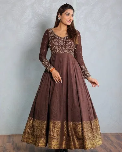 Brown Silk Embroidered Flair Gown