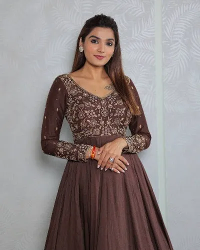 Brown Silk Embroidered Flair Gown