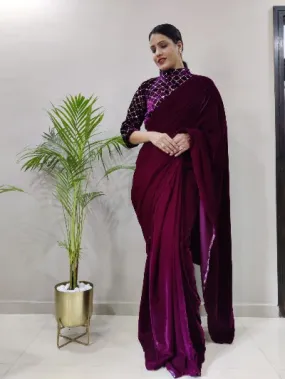 Burgandy Velvet Ready to Wear saree with Blouse