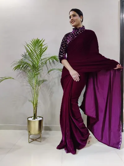 Burgandy Velvet Ready to Wear saree with Blouse