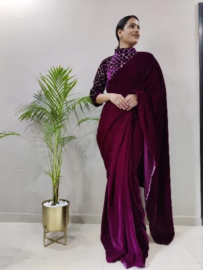 Burgandy Velvet Ready to Wear saree with Blouse