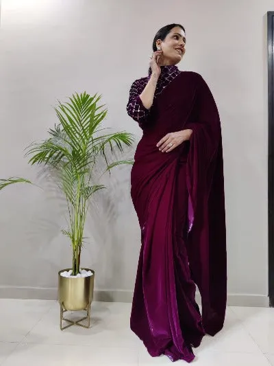 Burgandy Velvet Ready to Wear saree with Blouse