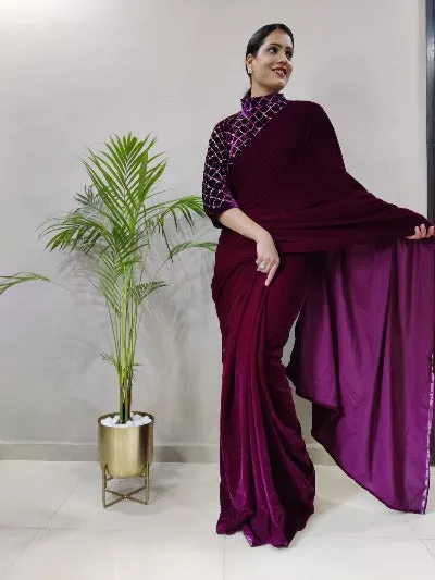 Burgandy Velvet Ready to Wear saree with Blouse