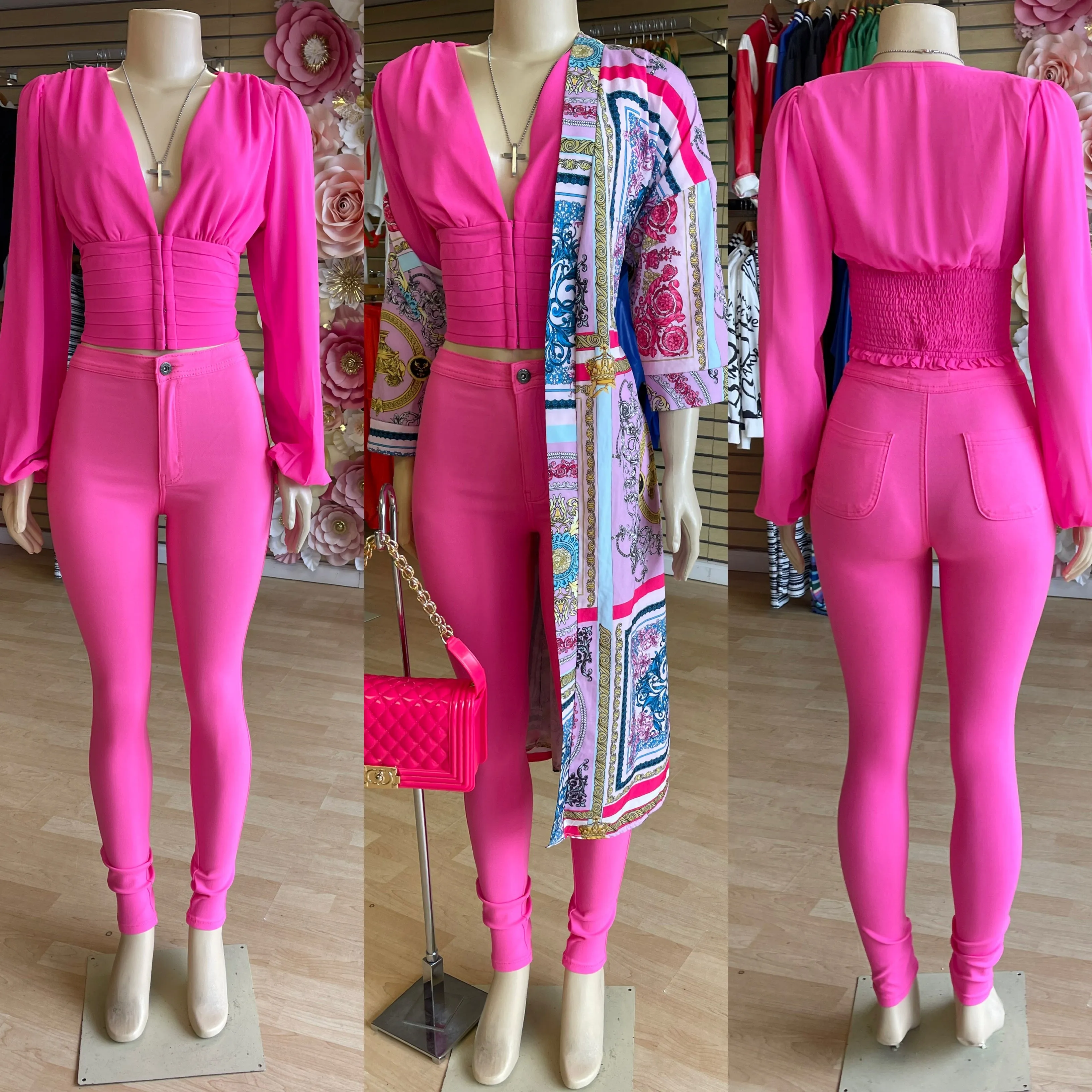 Button Close Sheer Color Top ( Hawt Pink)