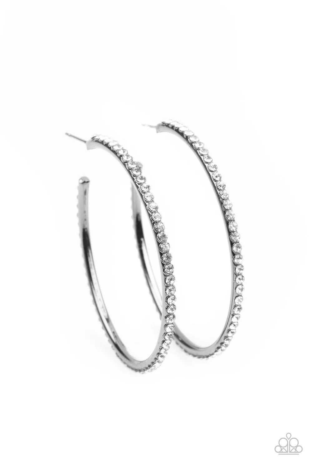 By Popular Vote Gunmetal Black and White Rhinestone Hoop Earrings - Paparazzi Accessories