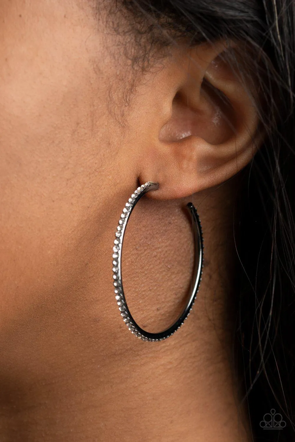 By Popular Vote Gunmetal Black and White Rhinestone Hoop Earrings - Paparazzi Accessories