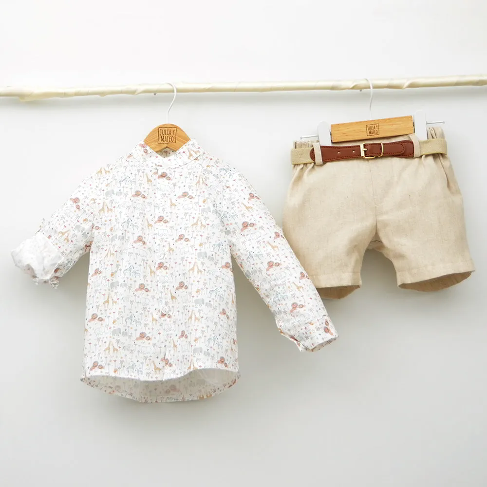 Conjunto bebé India con peto de lino y camisa cuello bebé