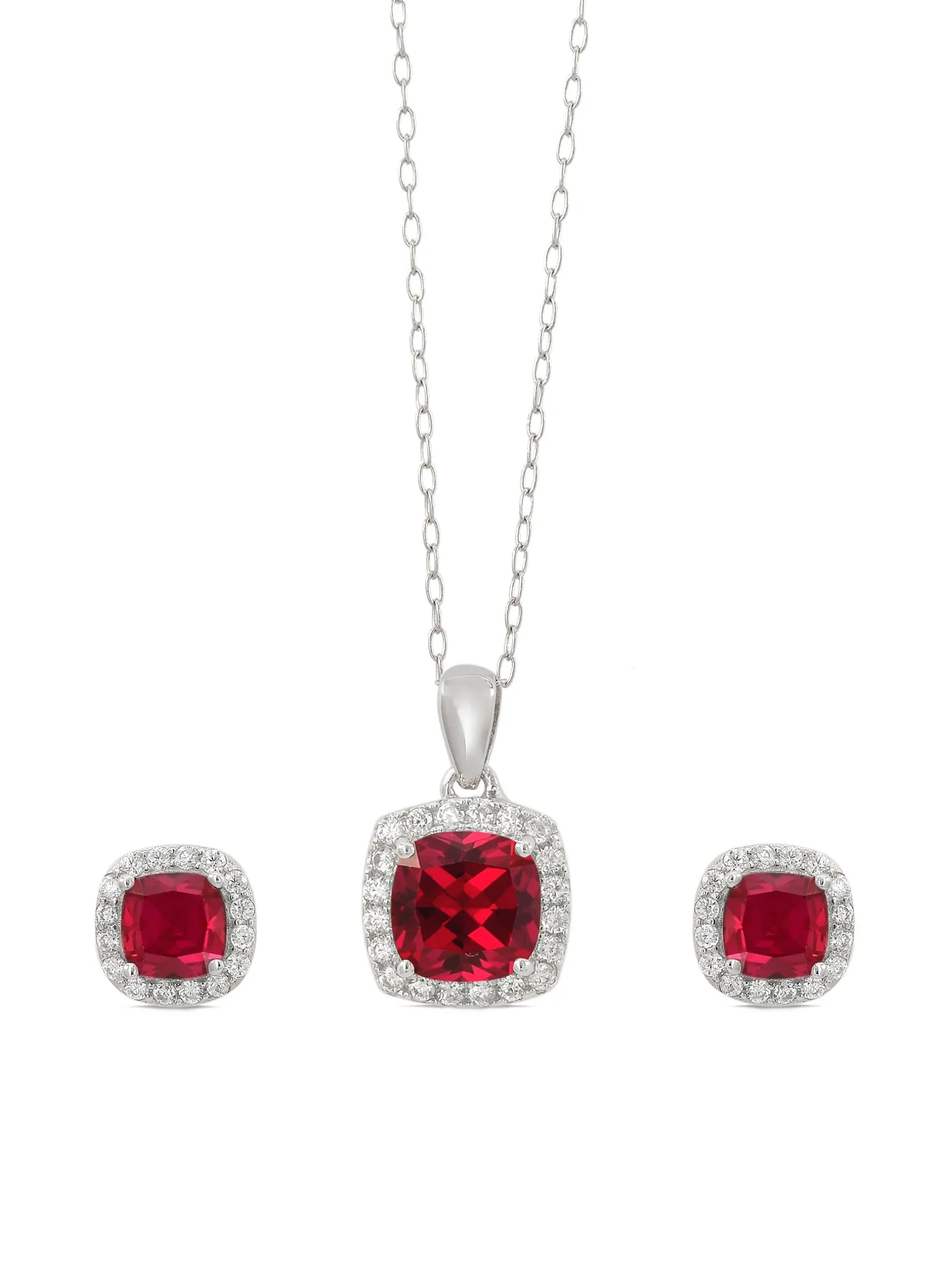 Cushion Cut Ruby Pendant With Earrings In 925 Silver