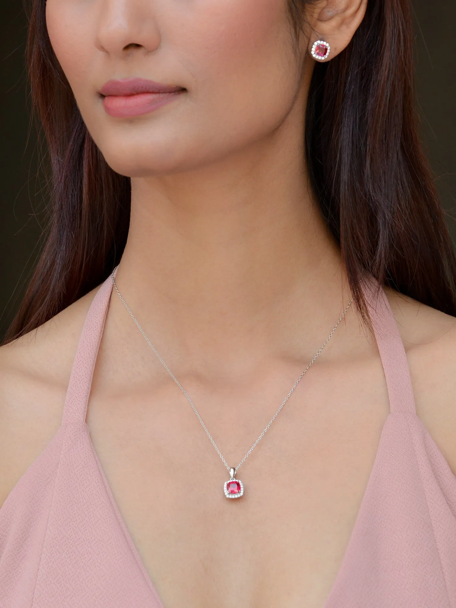 Cushion Cut Ruby Pendant With Earrings In 925 Silver