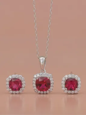 Cushion Cut Ruby Pendant With Earrings In 925 Silver