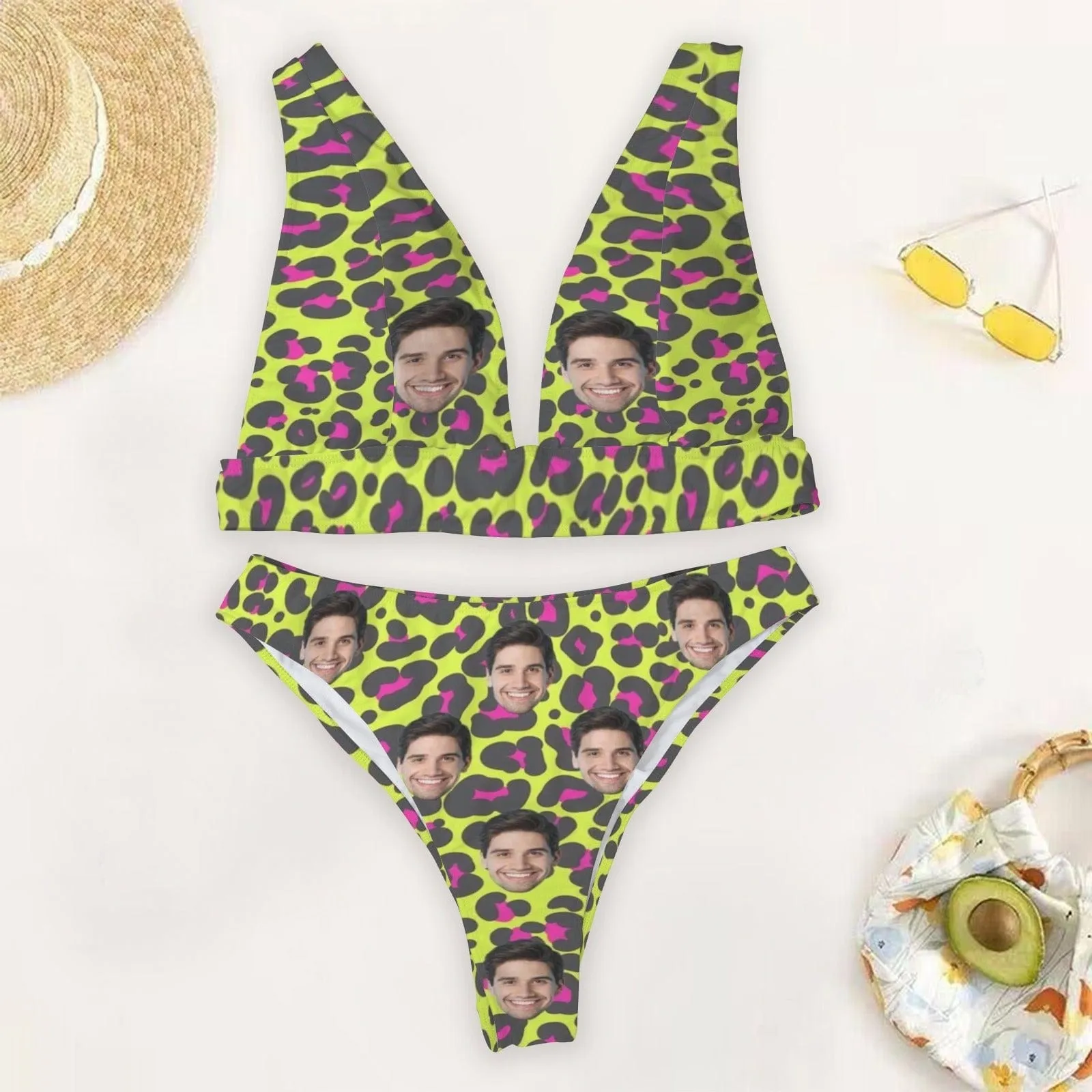 Custom Face Yellow Leopard Back Buckle Bikini Personalized Deep V Neck Triangle Bikini Beach Pool Outfits