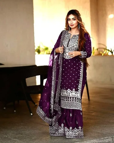 Dark Wine Georgette Heavy Embroidered Gharara Suit Set