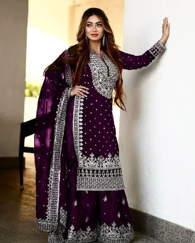 Dark Wine Georgette Heavy Embroidered Gharara Suit Set