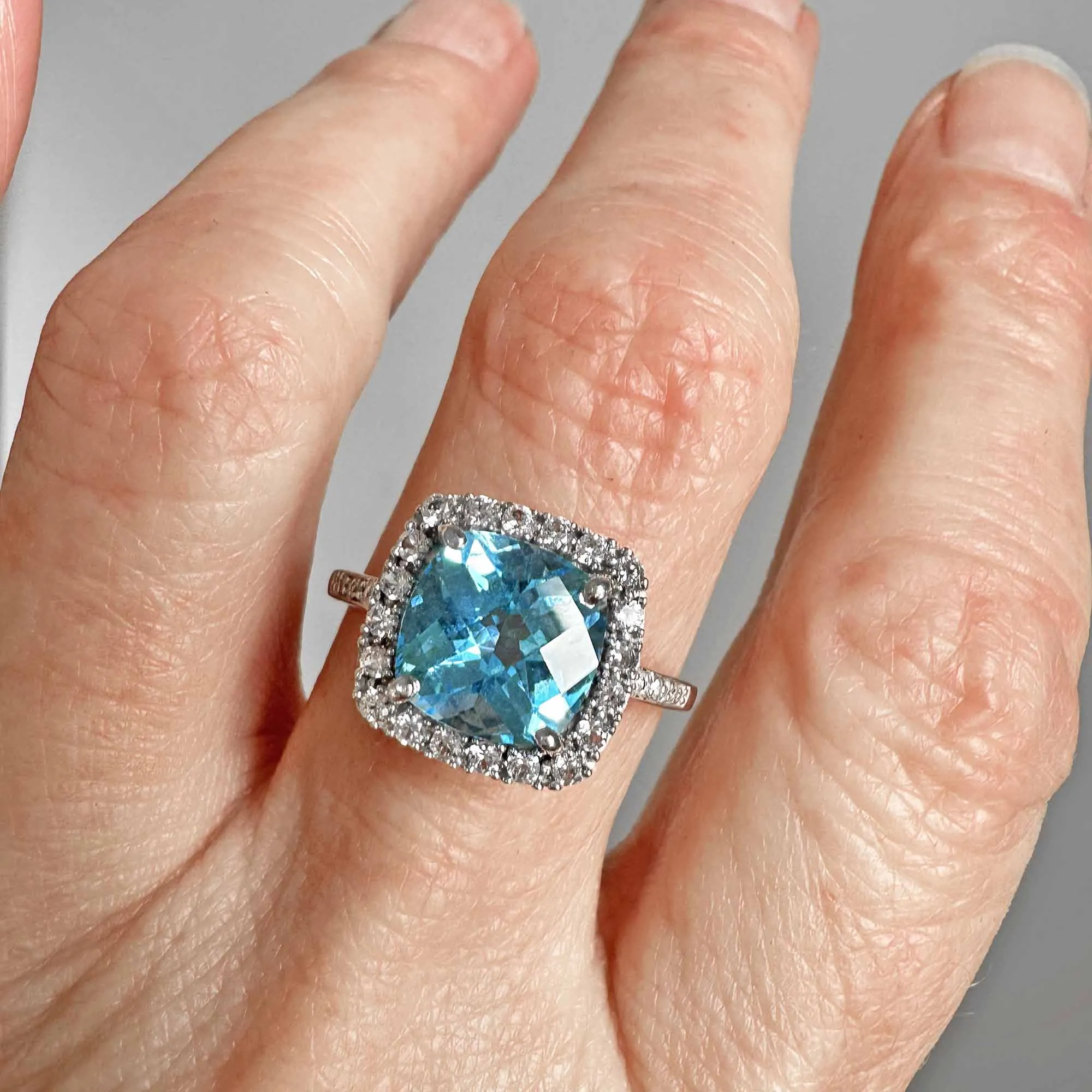 Diamond Halo Cluster Checkerboard Blue Topaz Ring