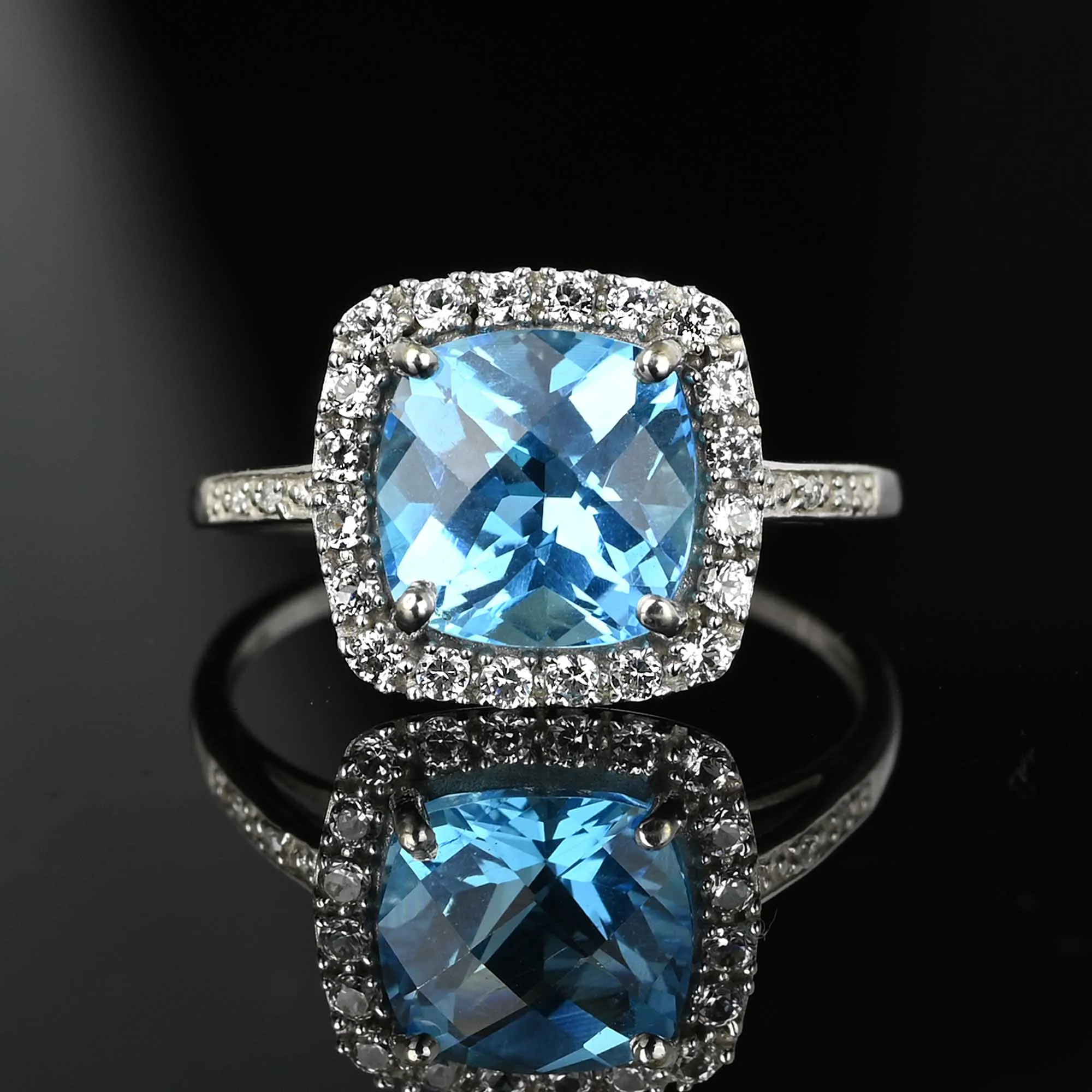 Diamond Halo Cluster Checkerboard Blue Topaz Ring