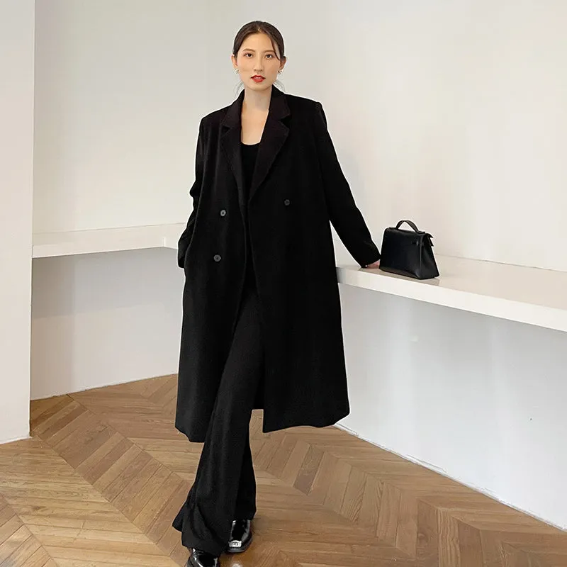 Double Breasted Oversized Long Wool Coat Black