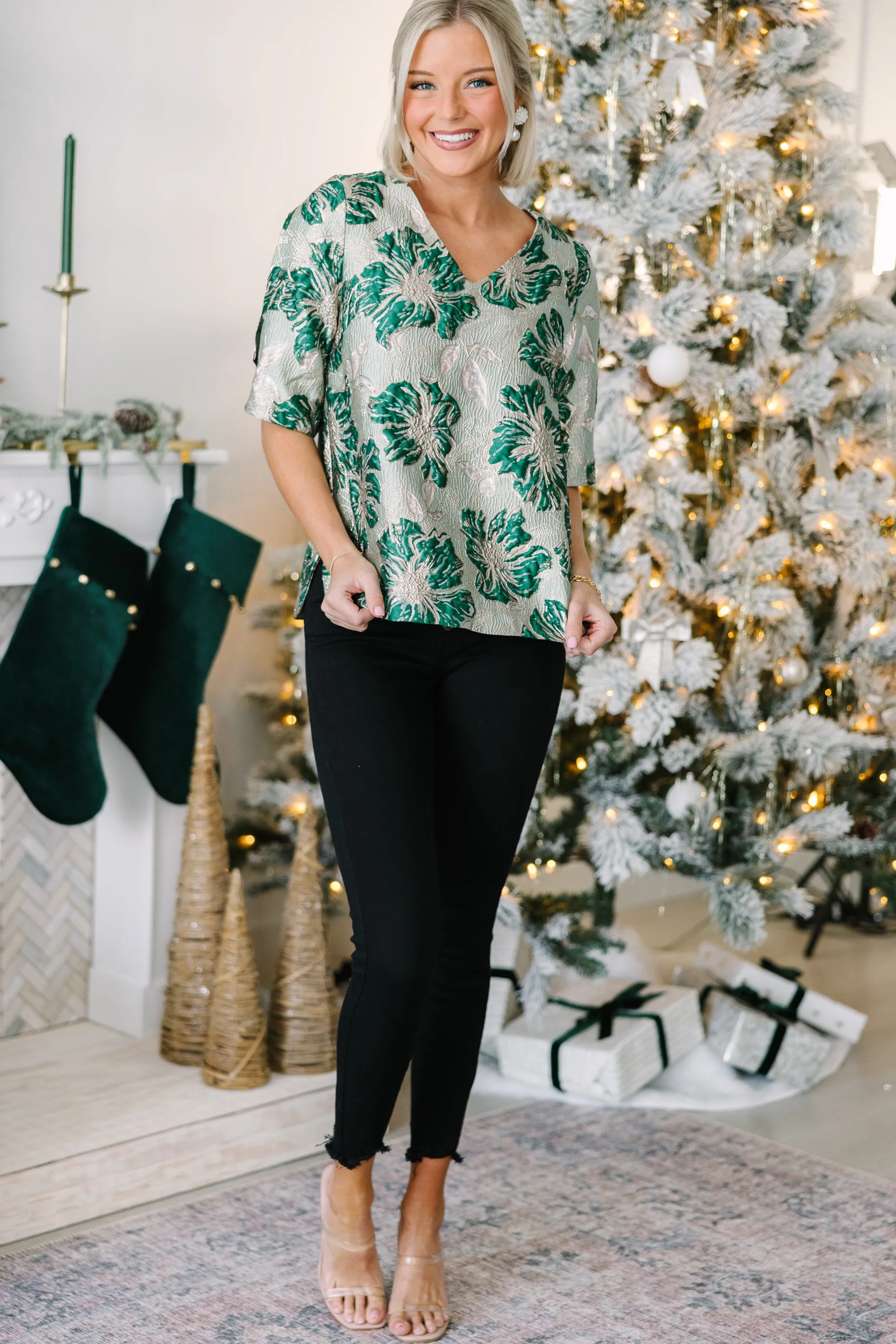 Find You There Green Metallic Floral Blouse