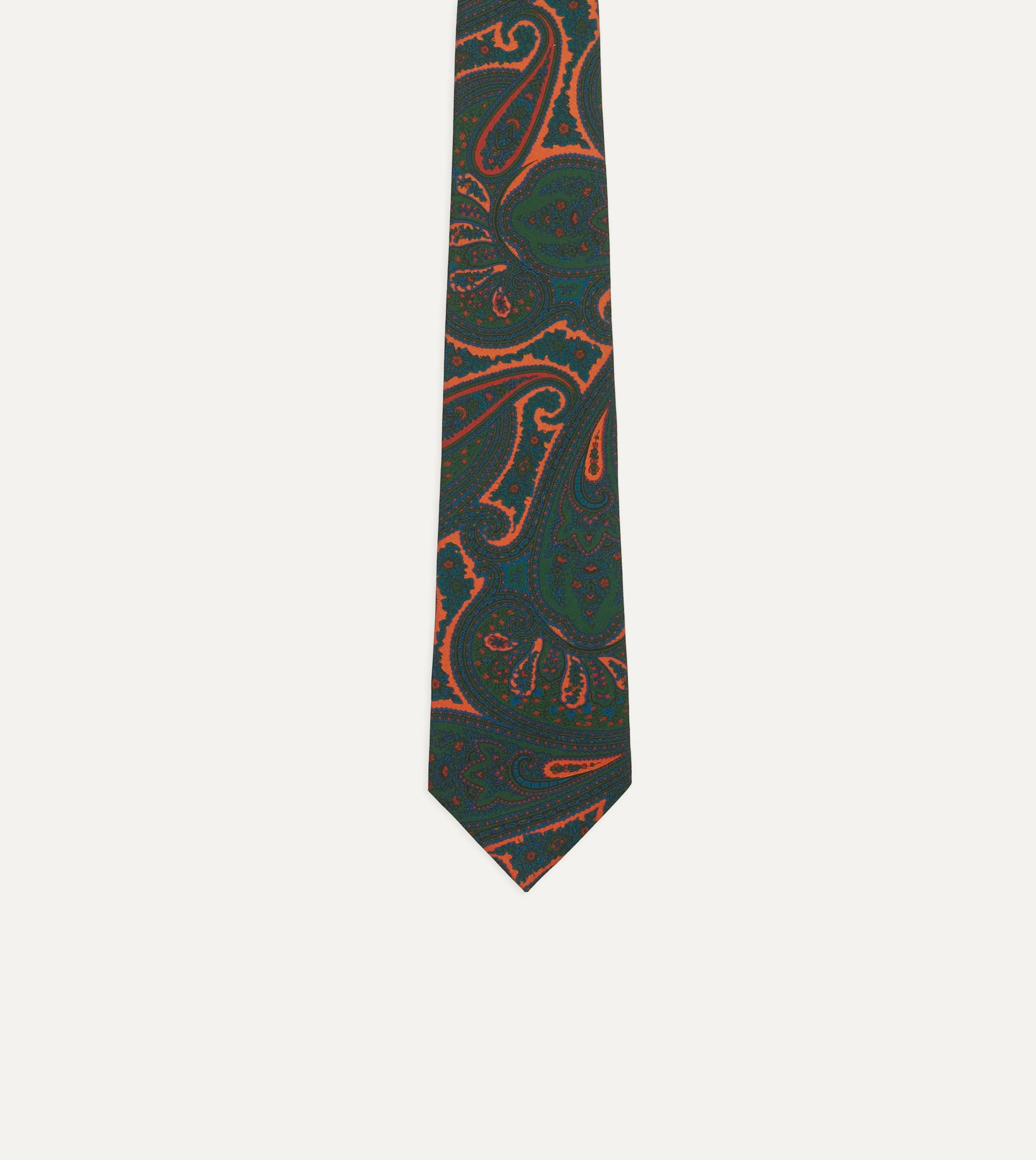 Green and Orange Large Paisley Print Madder Silk Self Tipped Tie