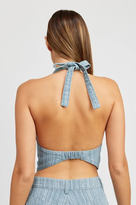 HALTER DENIM TOP WITH BACK TIE