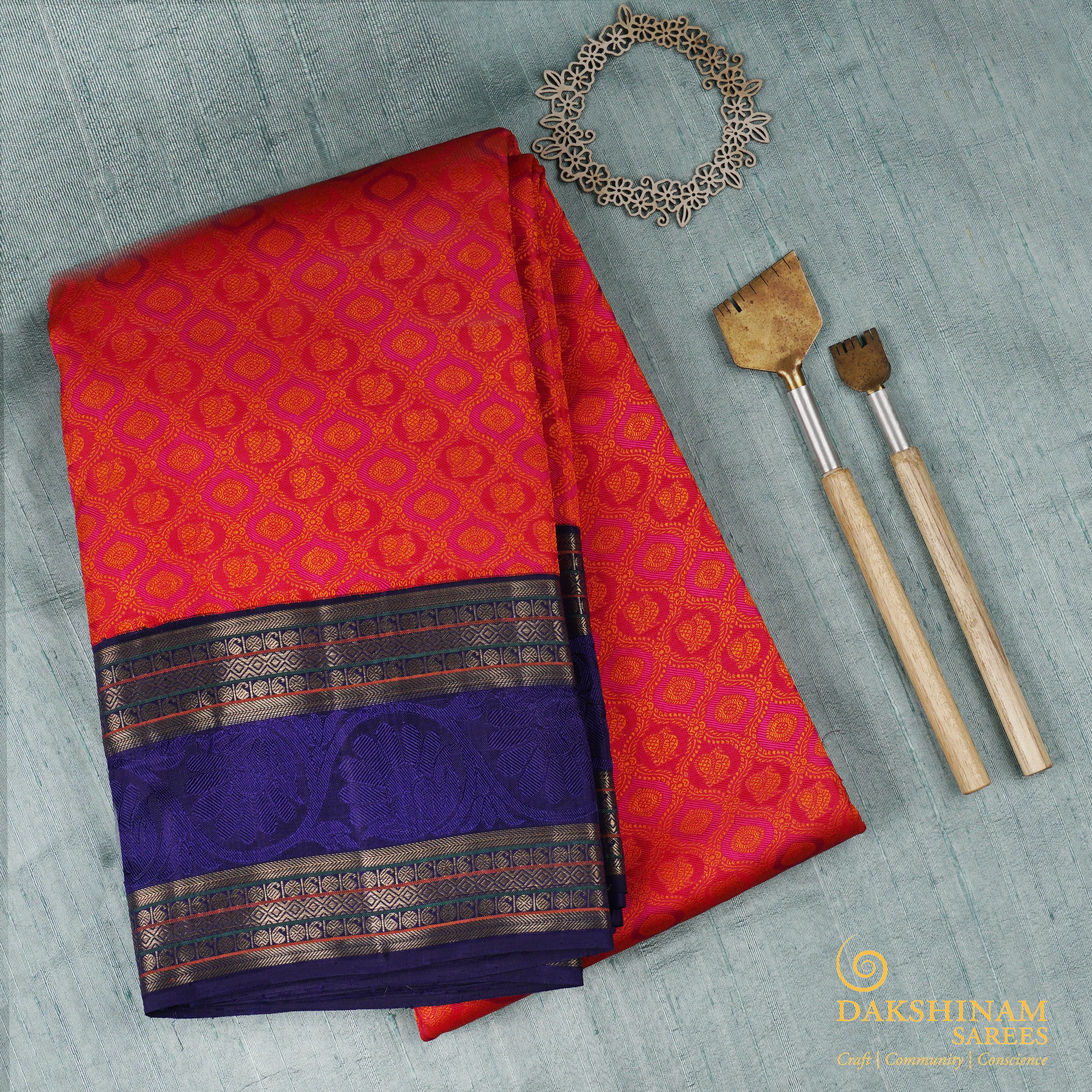 Handwoven Magenta with Blue Kanjivaram Silk Saree - 1576T006375DSC