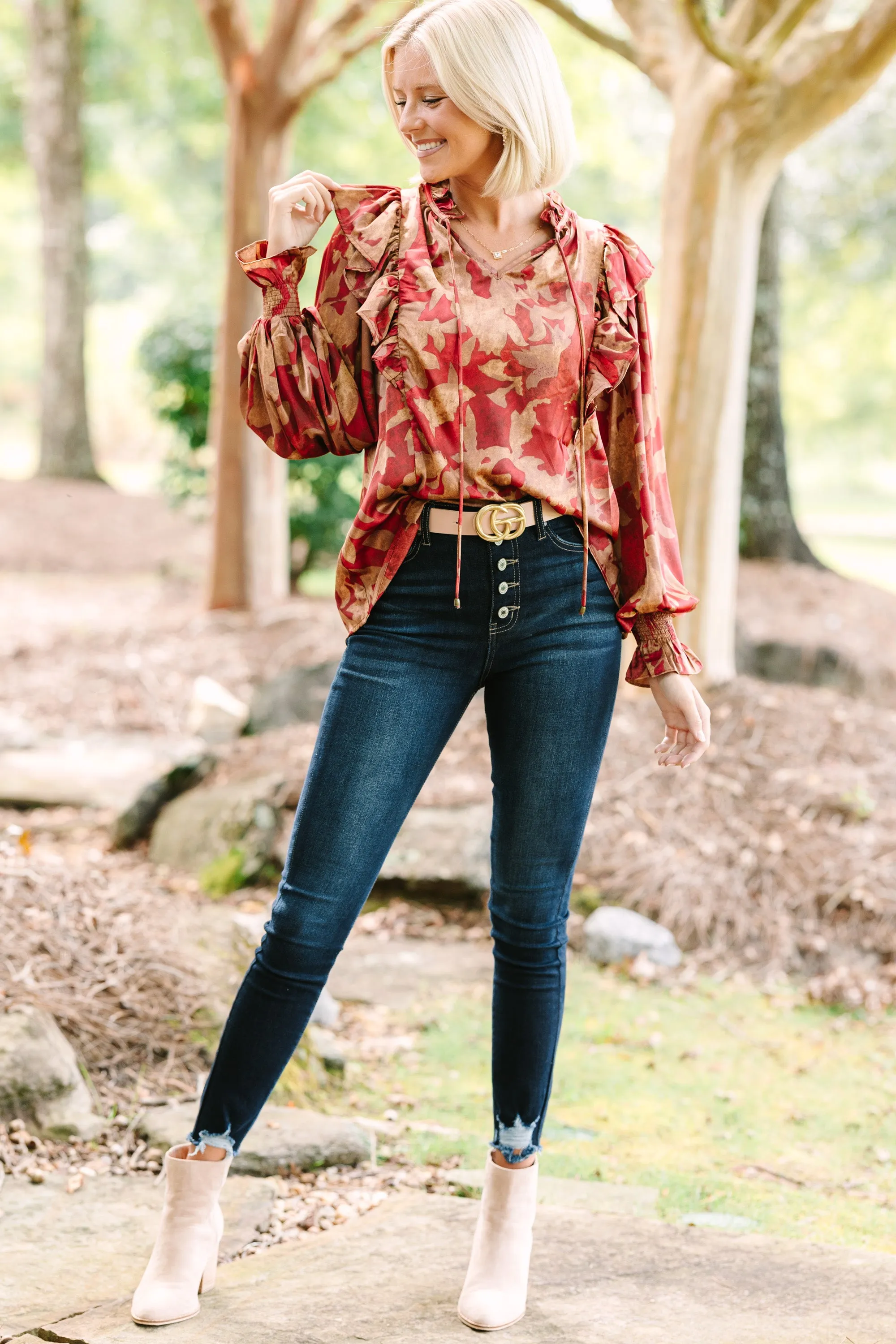 Help You Out Brick Orange Floral Blouse