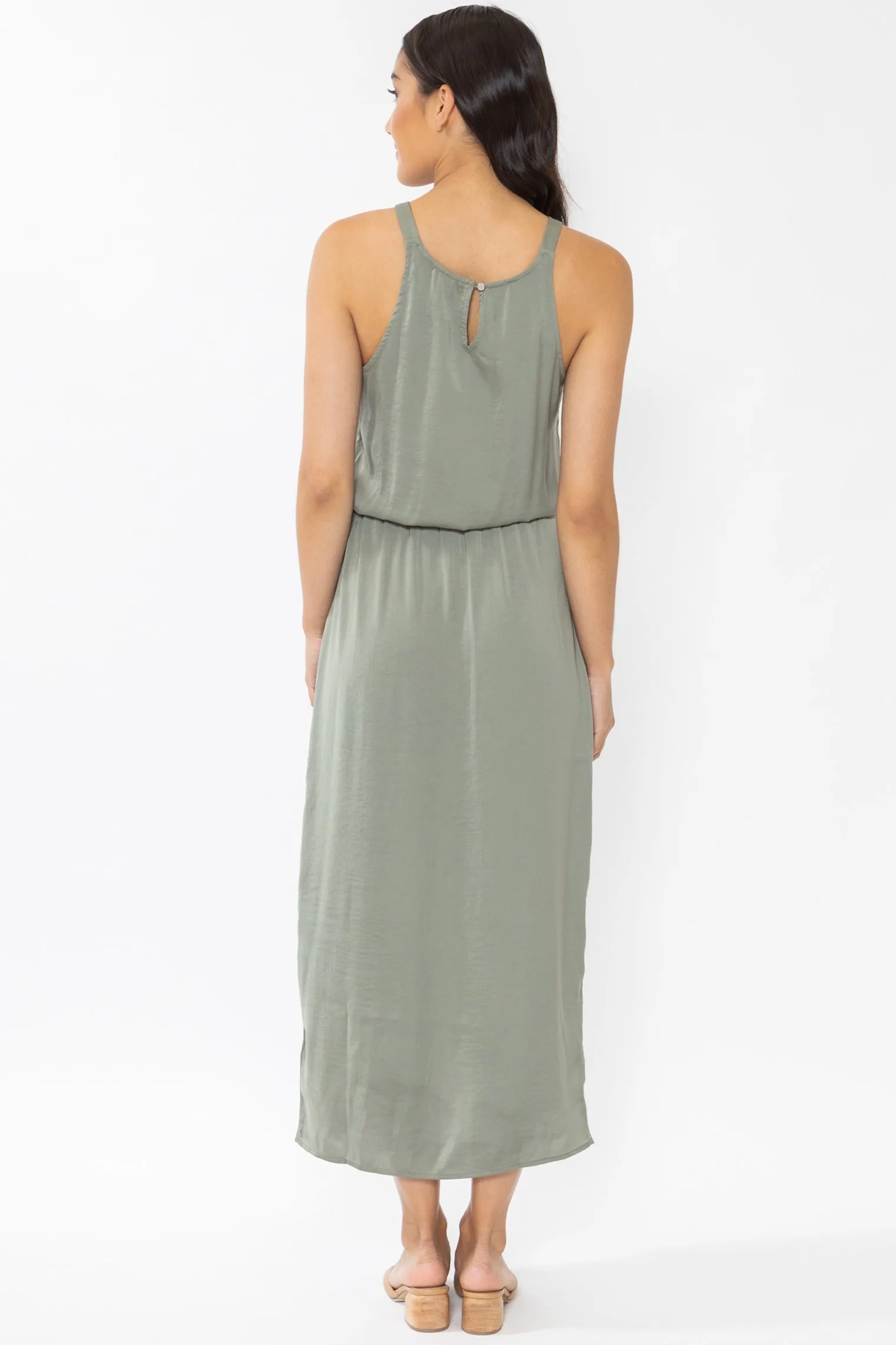 Hullabaloo Sage Washer Satin High Nk SL Midi Dress