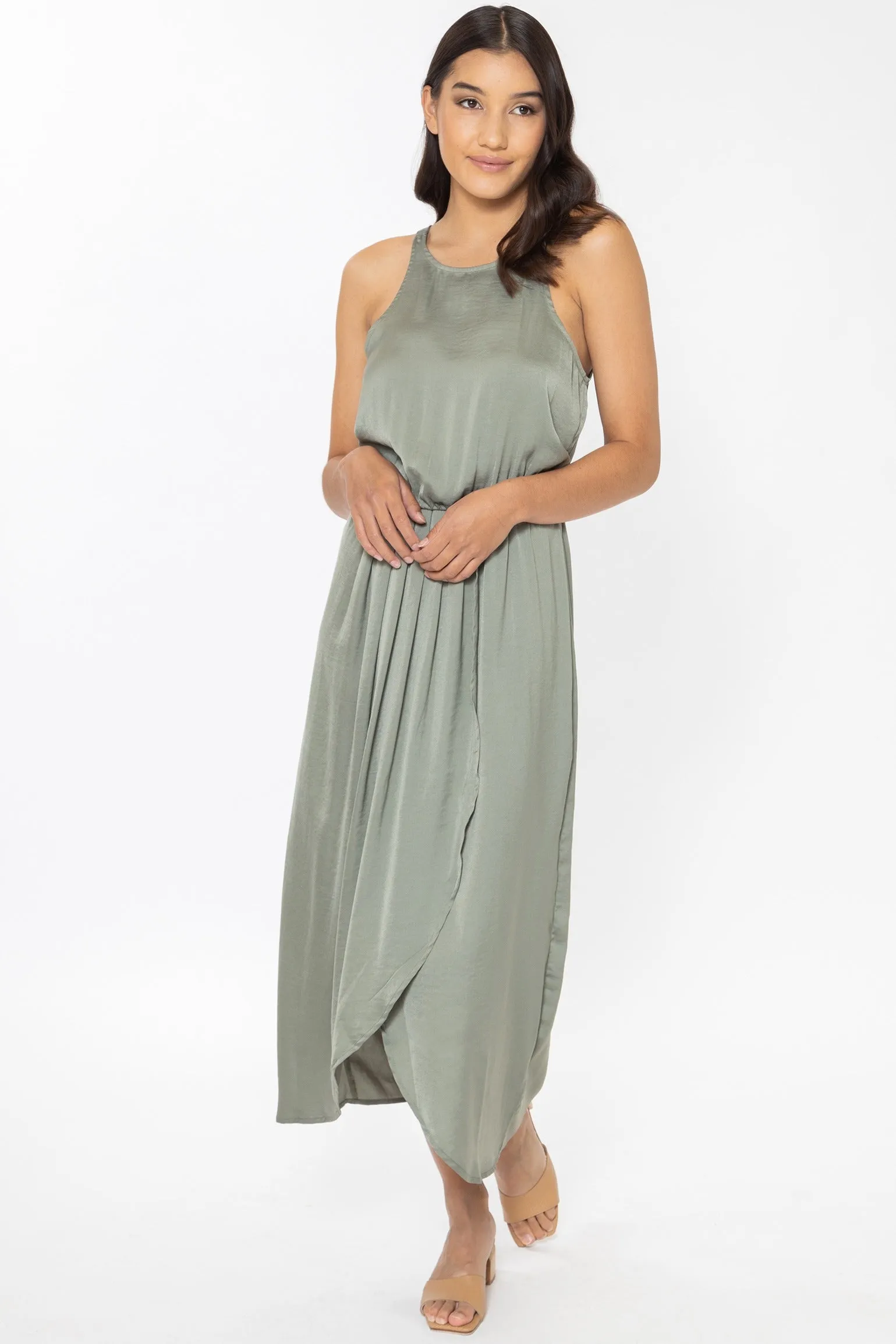 Hullabaloo Sage Washer Satin High Nk SL Midi Dress