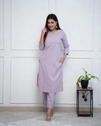 Light Lavender Monochrome Cotton Kurti Palazzo Set Of 2