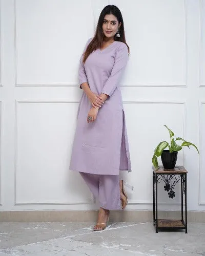 Light Lavender Monochrome Cotton Kurti Palazzo Set Of 2