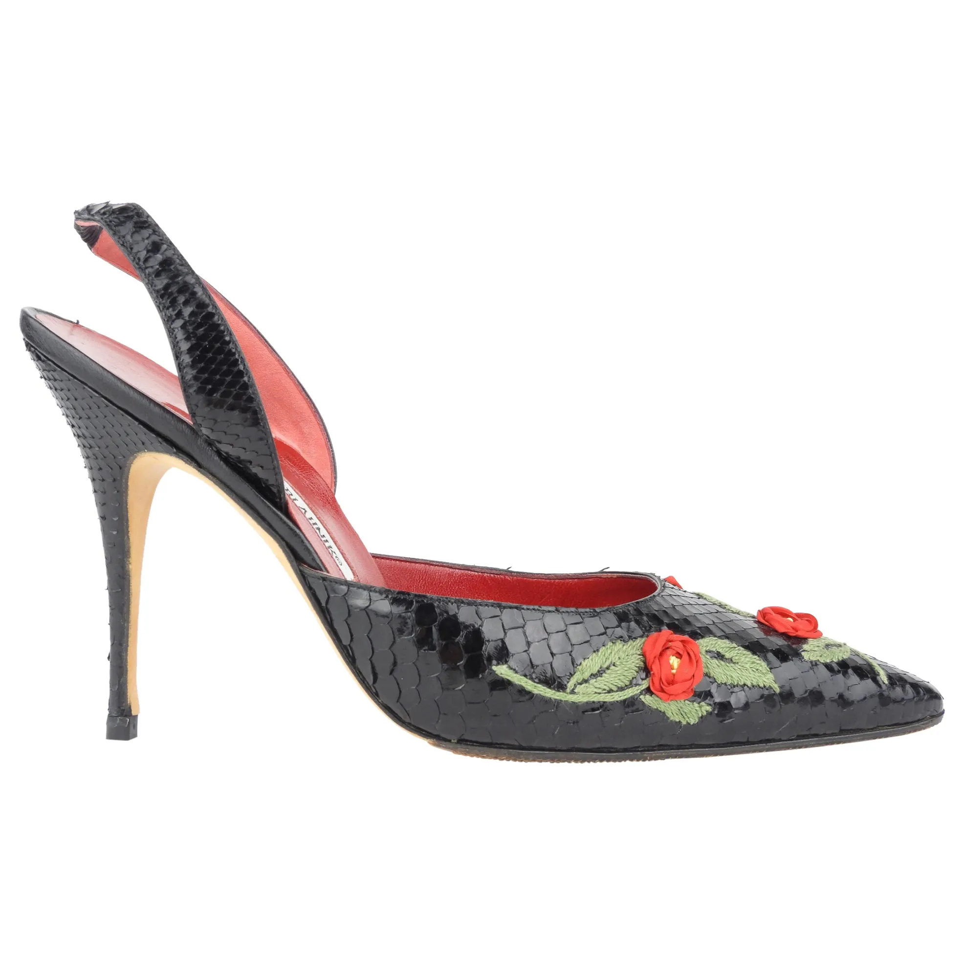 Manolo Blahnik Black Python Leather Rose Embroidered Slingback Stiletto Heel Pumps - 41