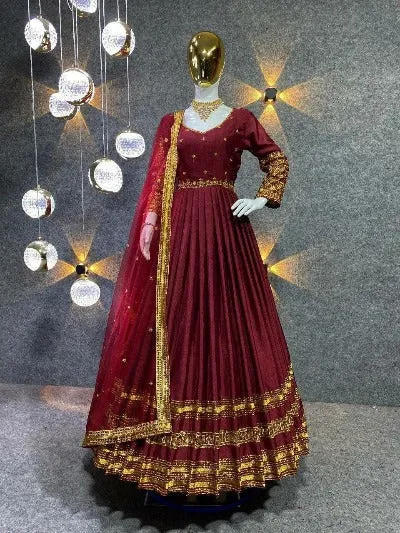 Maroon Chinon Golden Sequence Anarkali Gown Dupatta Set Of 2