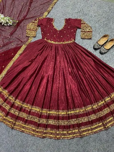 Maroon Chinon Golden Sequence Anarkali Gown Dupatta Set Of 2