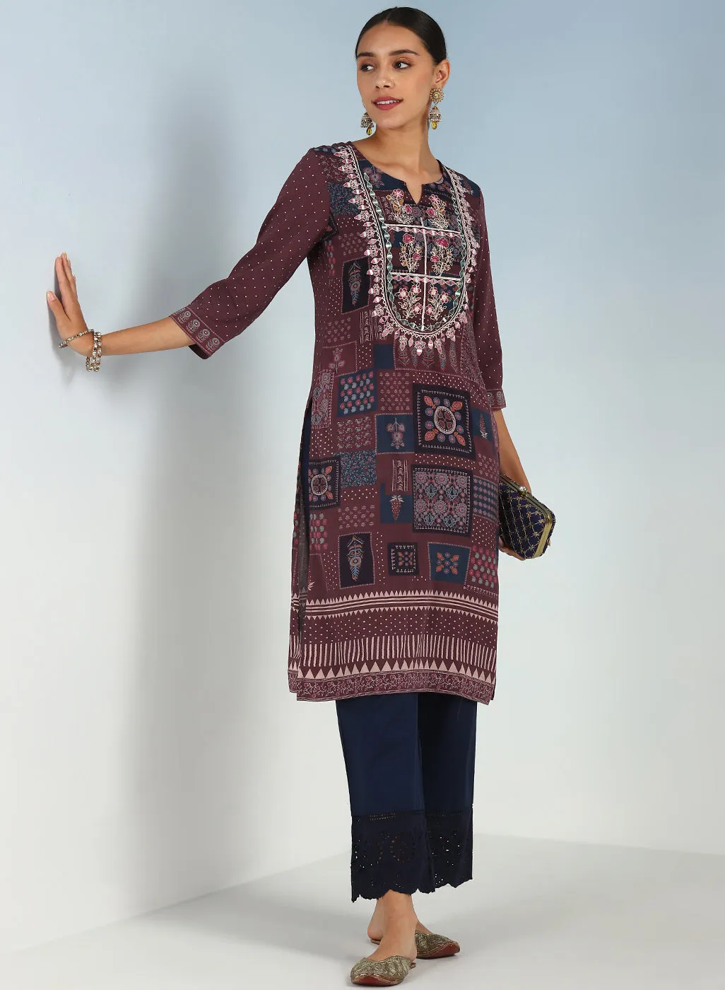 Maroon Printed Embroidered Kurta with Embellished Front Yoke