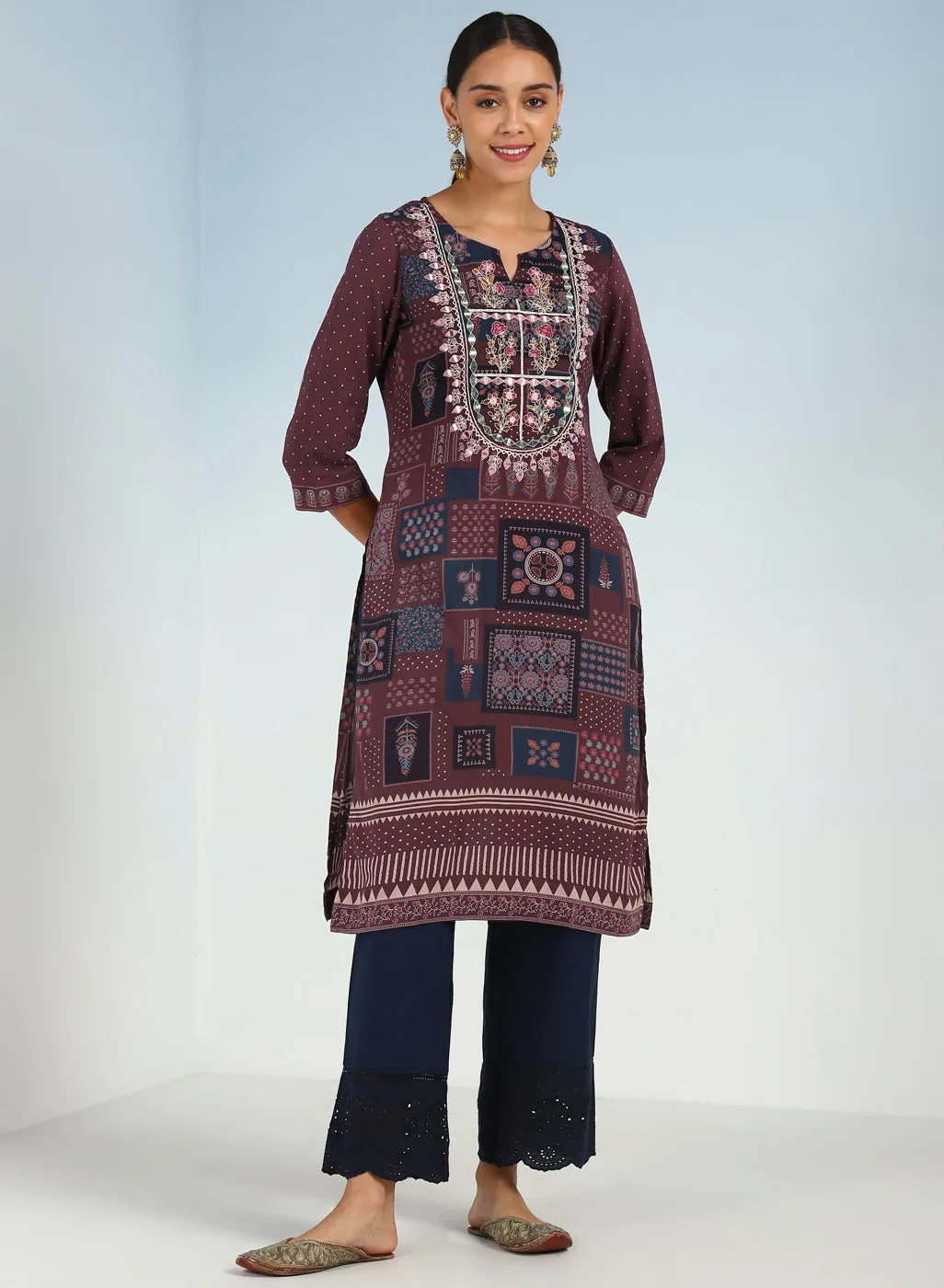 Maroon Printed Embroidered Kurta with Embellished Front Yoke