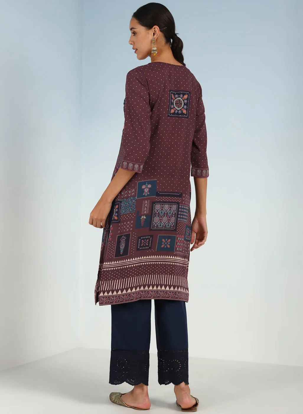 Maroon Printed Embroidered Kurta with Embellished Front Yoke