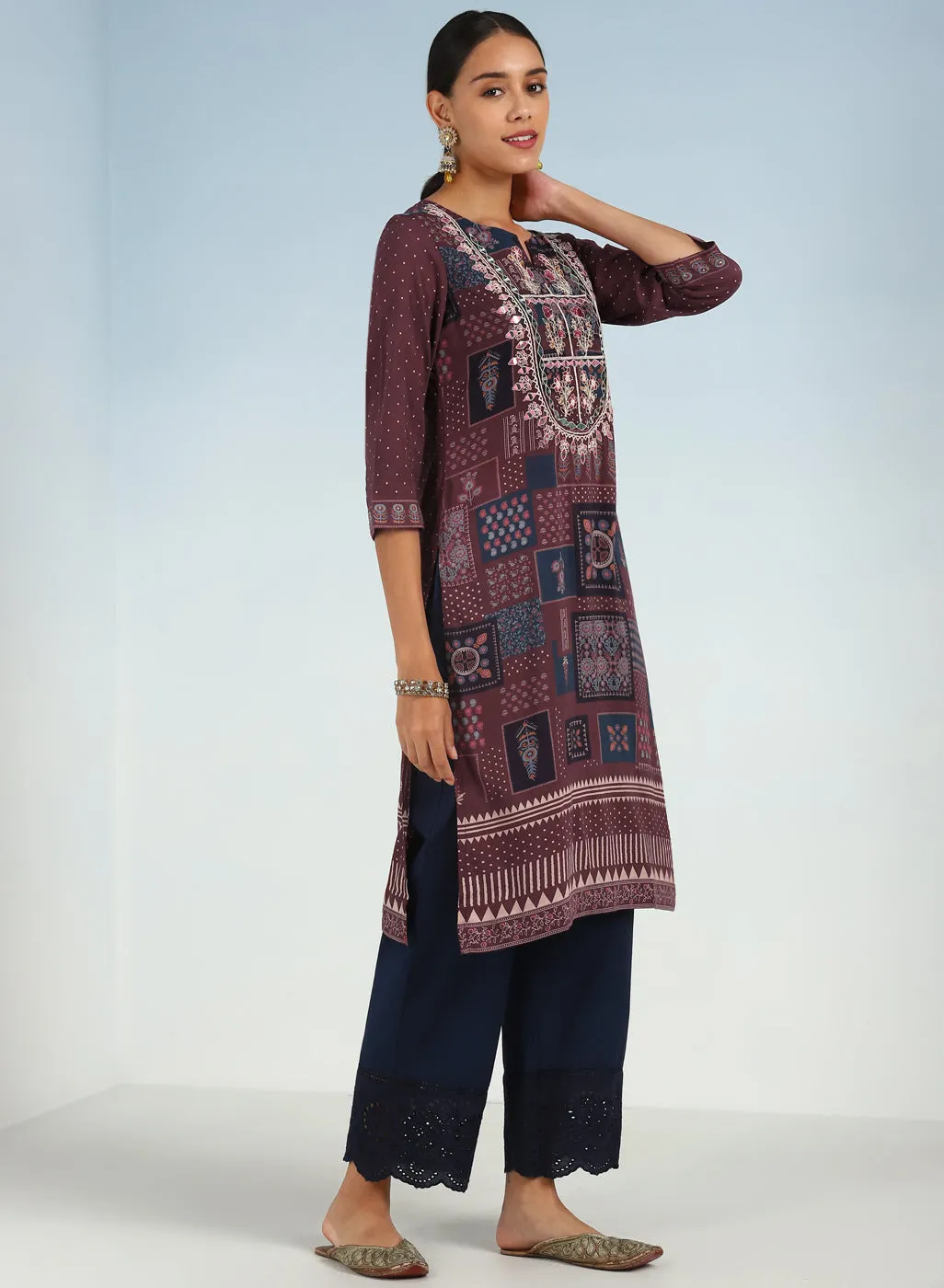 Maroon Printed Embroidered Kurta with Embellished Front Yoke