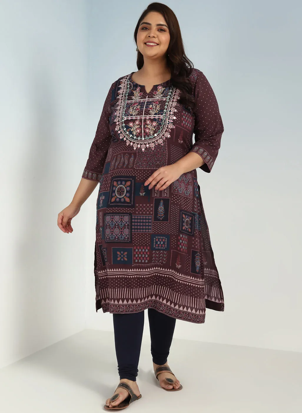 Maroon Printed Embroidered Kurta with Embellished Front Yoke