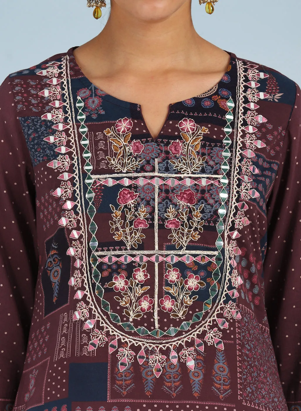 Maroon Printed Embroidered Kurta with Embellished Front Yoke