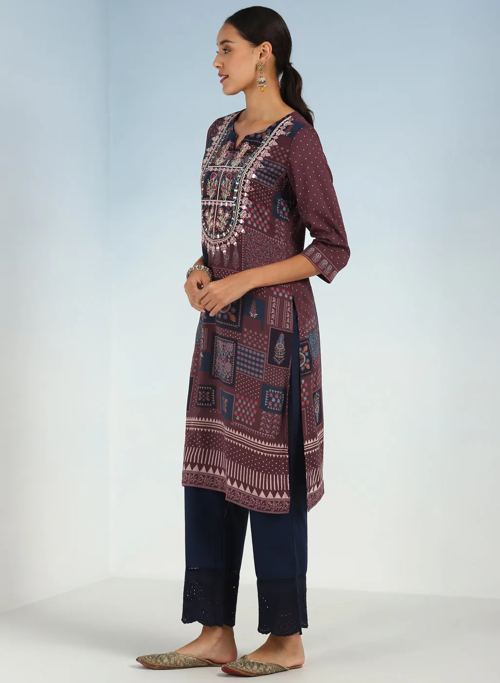 Maroon Printed Embroidered Kurta with Embellished Front Yoke