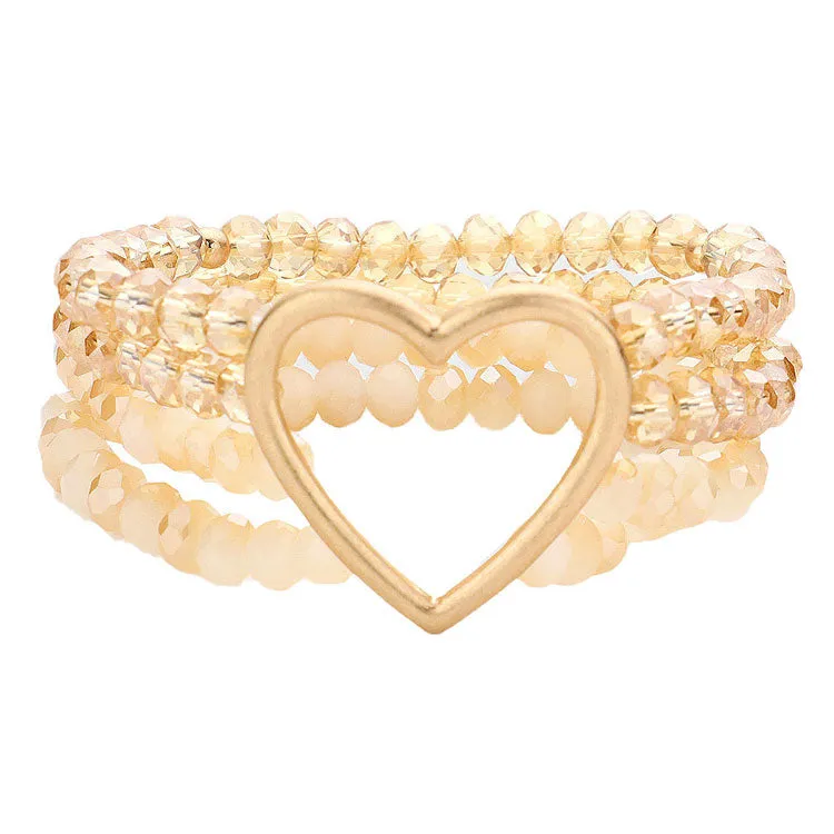 Metal Heart Accented Layered Faceted Beaded Stretch Bracelet