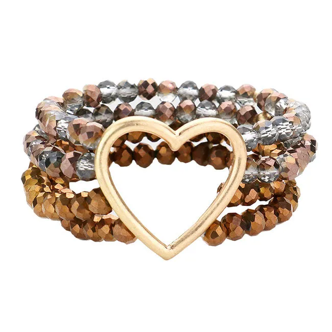 Metal Heart Accented Layered Faceted Beaded Stretch Bracelet